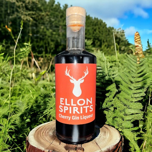 Ellon spirits Cherry Gin liqueur 500ml 20% ABV on tree stump