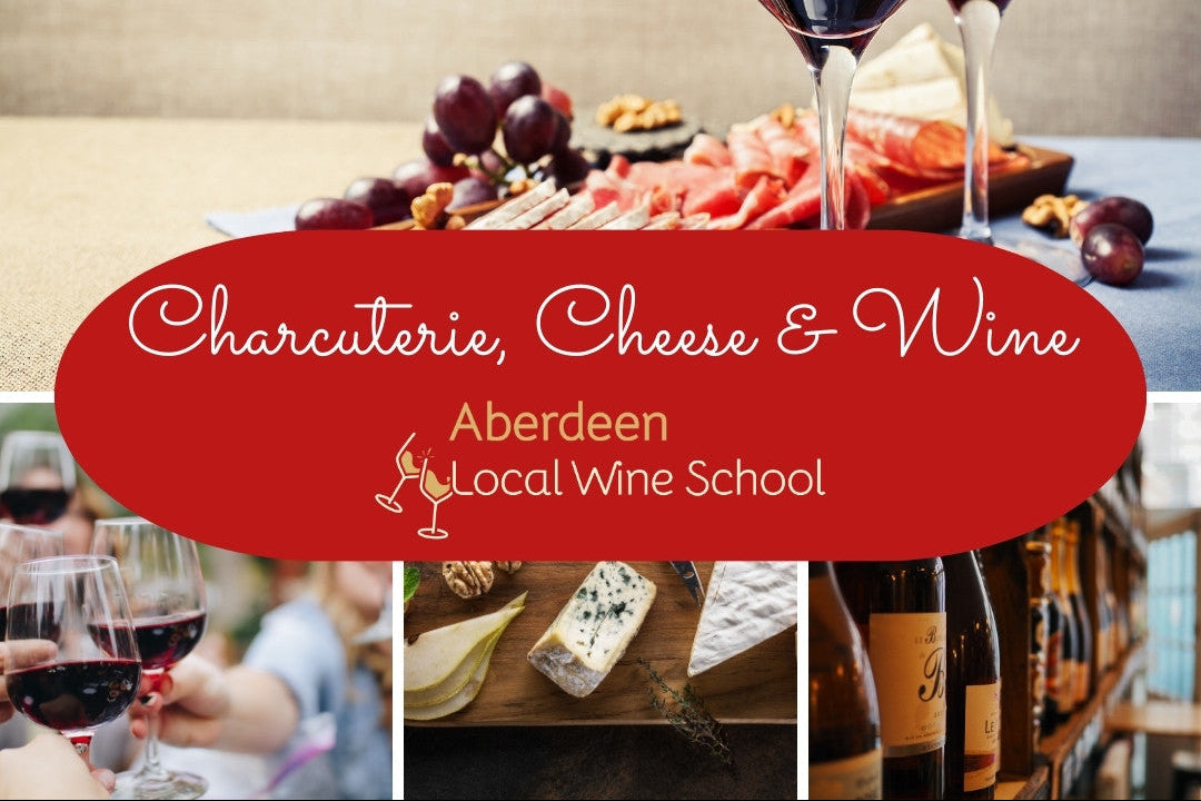 Two wine glasses with red wine, a charcuterie board, and bottles of wine with 'Aberdeen Local Wine School' text.