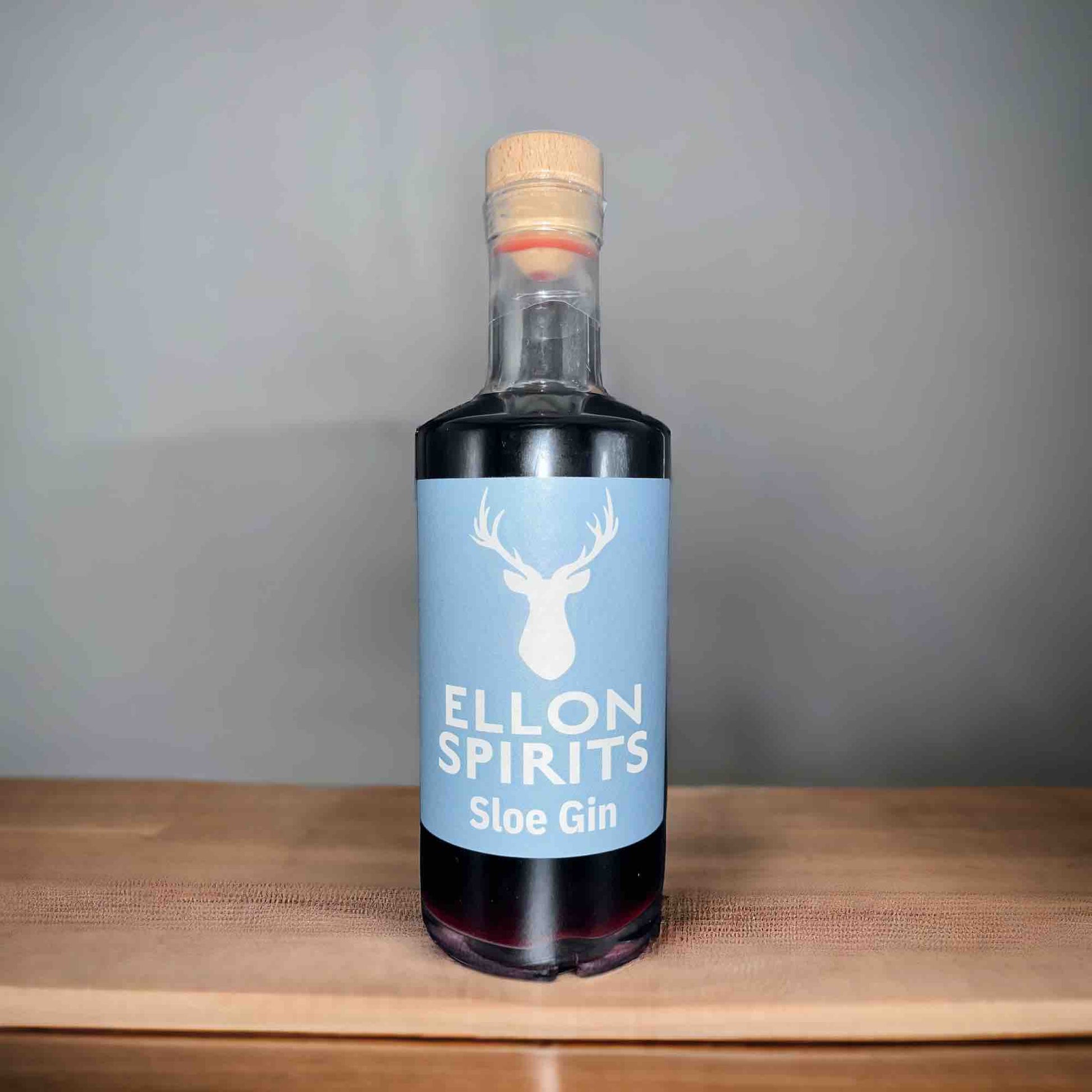 Ellon Spirits Sloe Gin 28% 500ml on worktop 