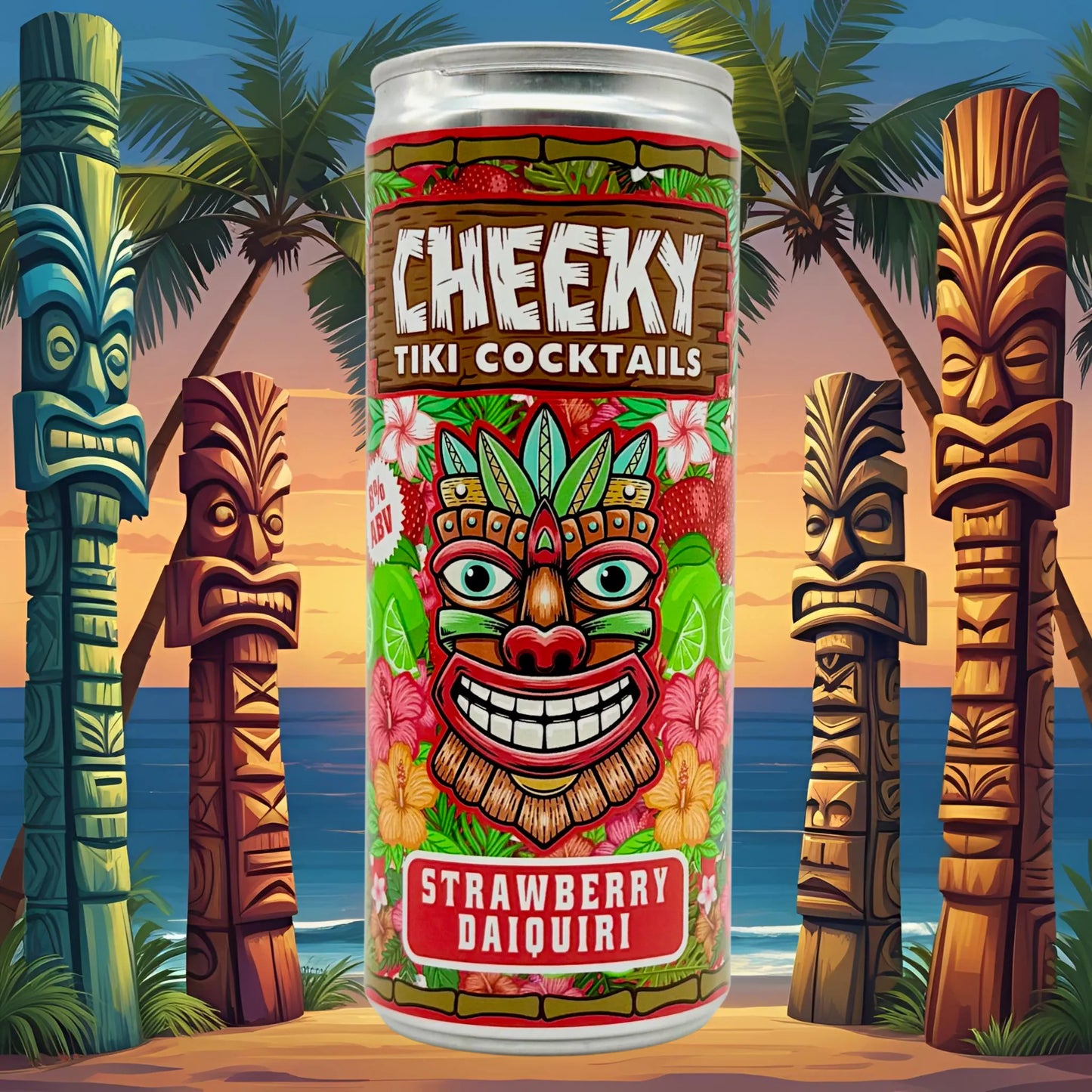 Cheeky Tiki Cocktails Strawberry Daiquiri can with tiki-themed design against a tropical background.