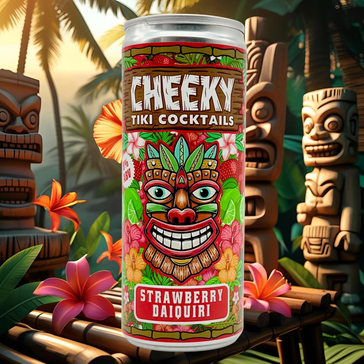 Cheeky Tiki Cocktails Strawberry Daiquiri can with tiki-themed design against a tropical background.