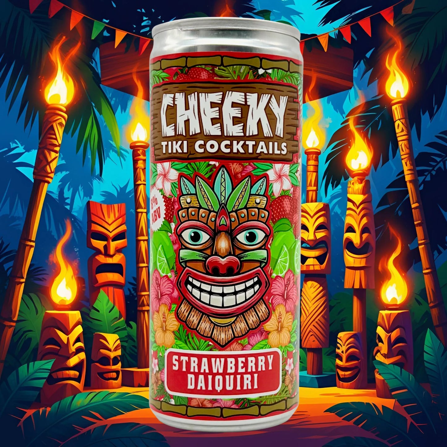 Cheeky Tiki Cocktails Strawberry Daiquiri can with tiki-themed design against a tropical background.