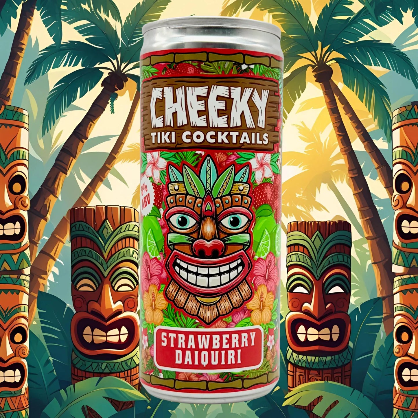 Cheeky Tiki Cocktails Strawberry Daiquiri can with tiki masks and palm trees in the background