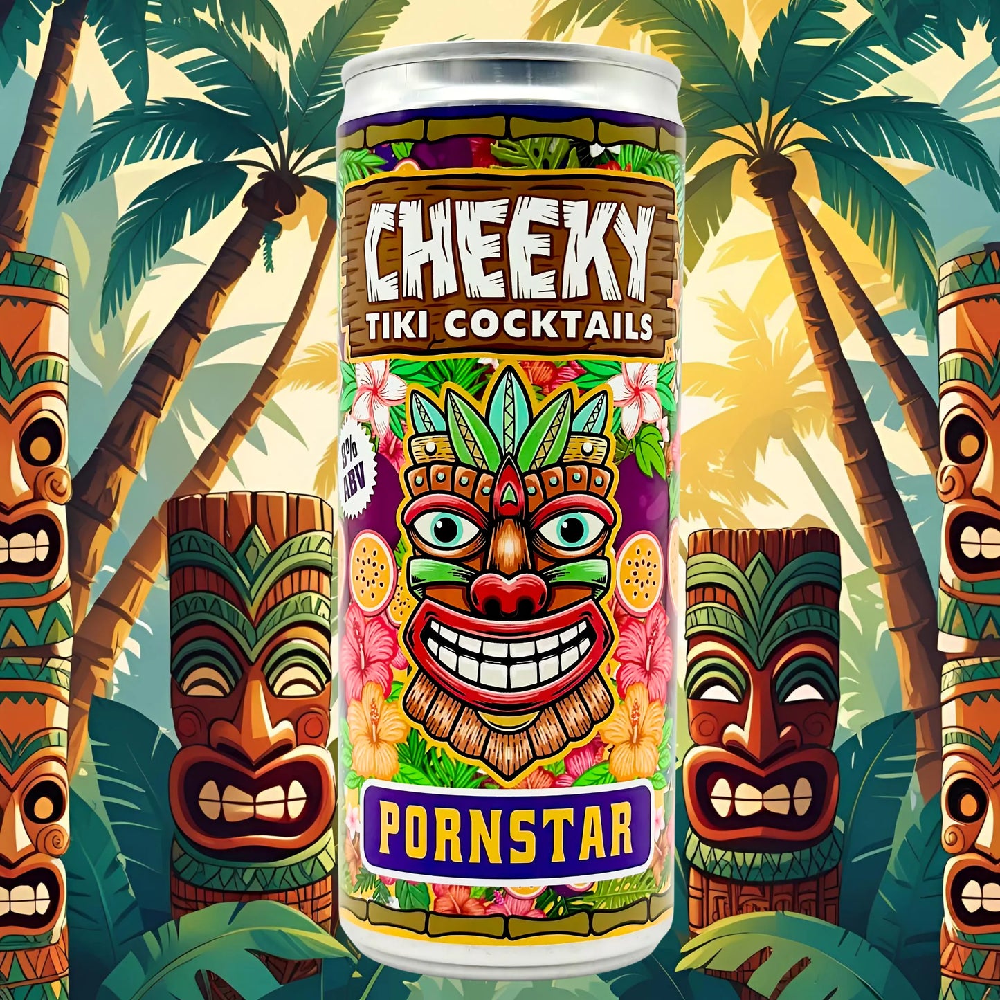 Colorful can of Cheeky Tiki Cocktails with tiki masks and palm trees in the background