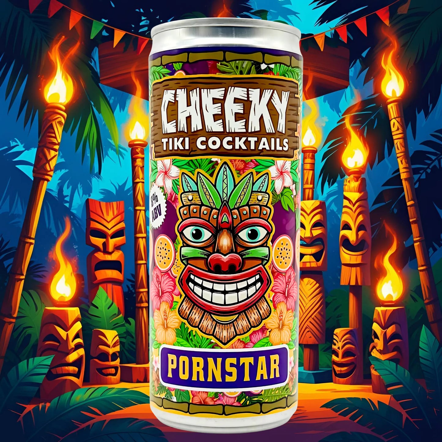 Cheeky Tiki Cocktails can with colorful design against a tiki-themed background