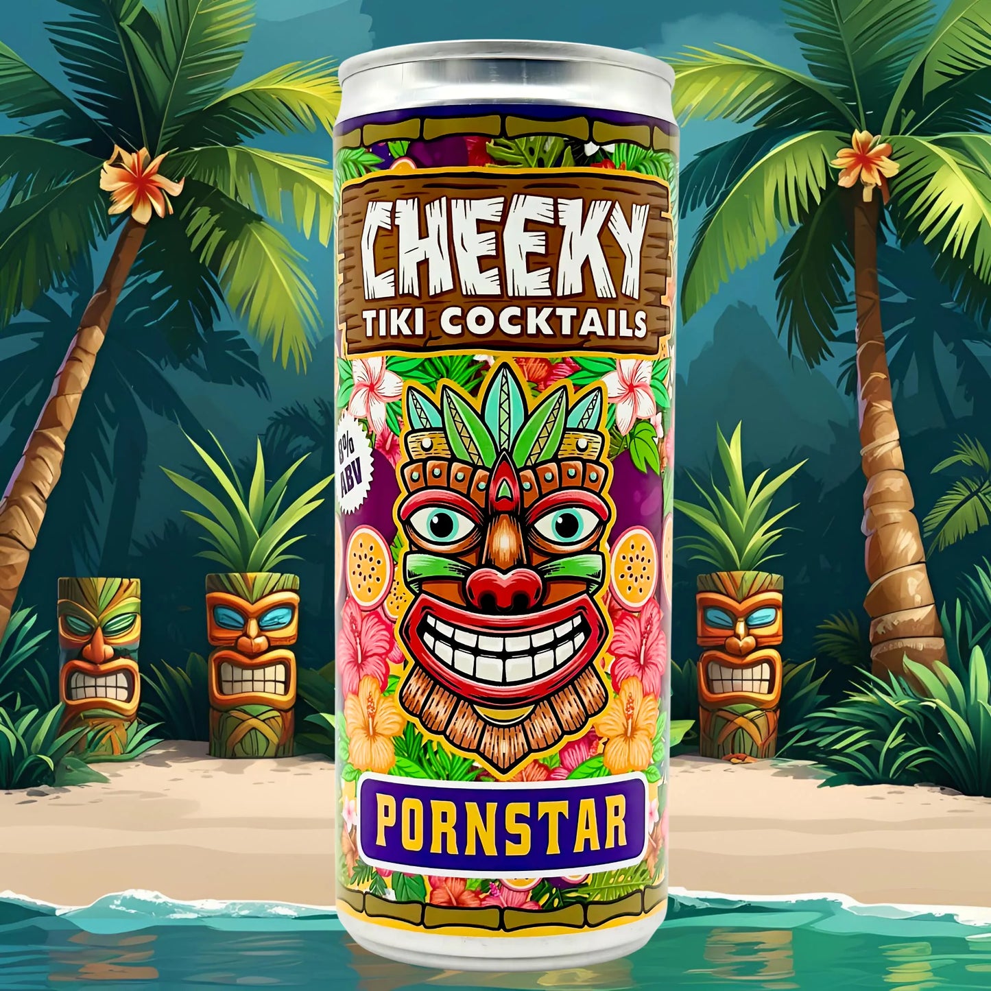 Cheeky Tiki Cocktails can with tropical background