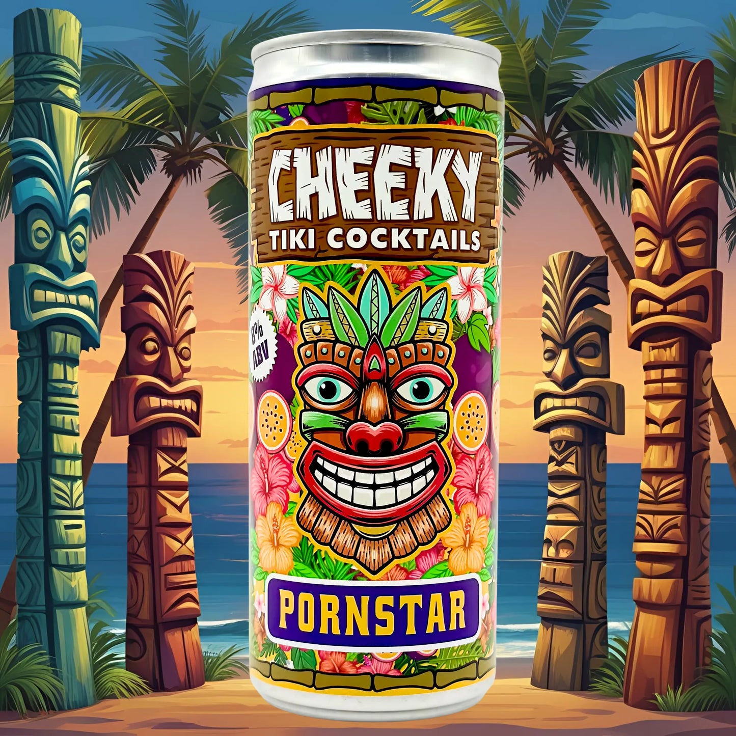 Cheeky Tiki Cocktails can with tropical design and tiki statues in the background