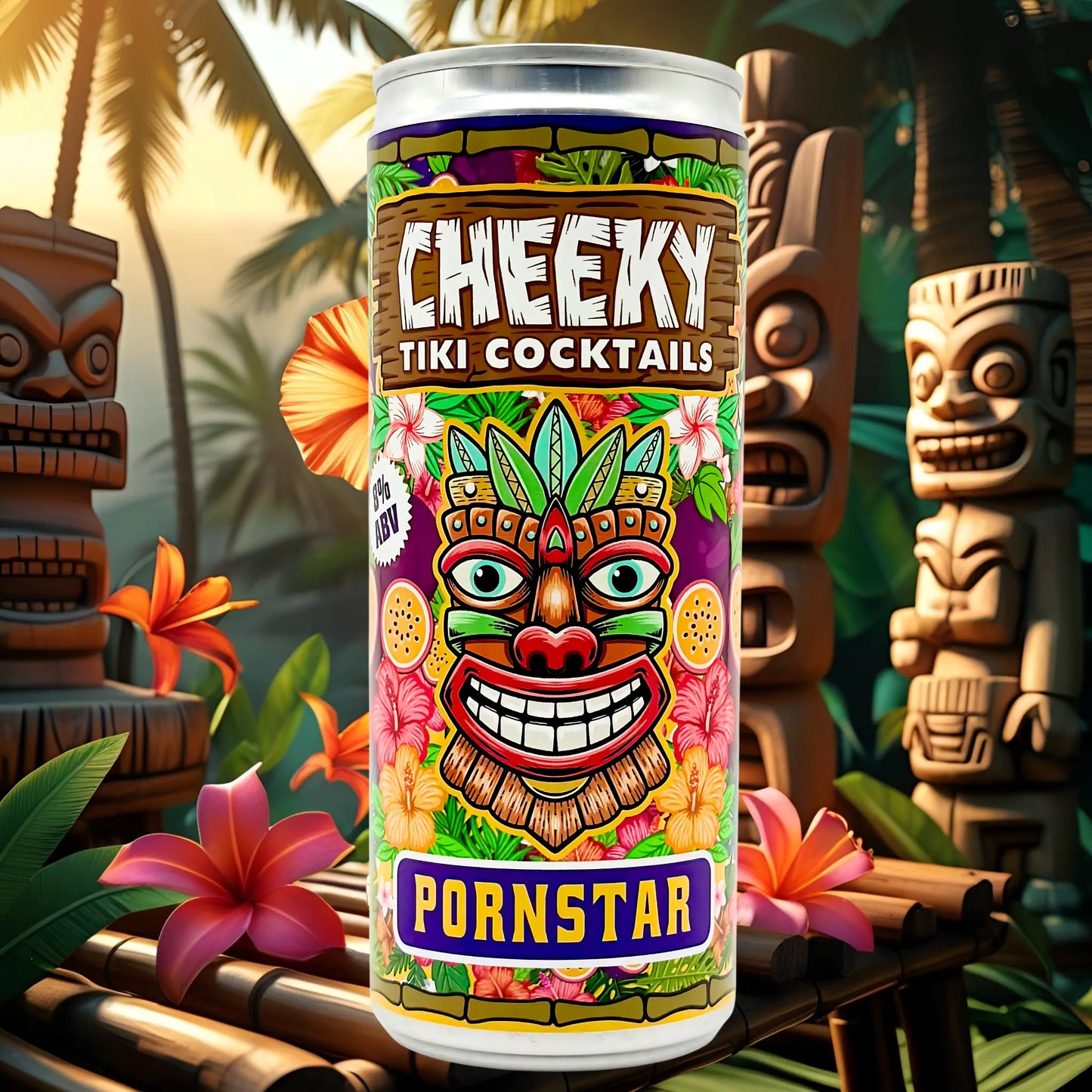 Cheeky Tiki CocktailsPornstar can with tiki-themed design against a tropical background