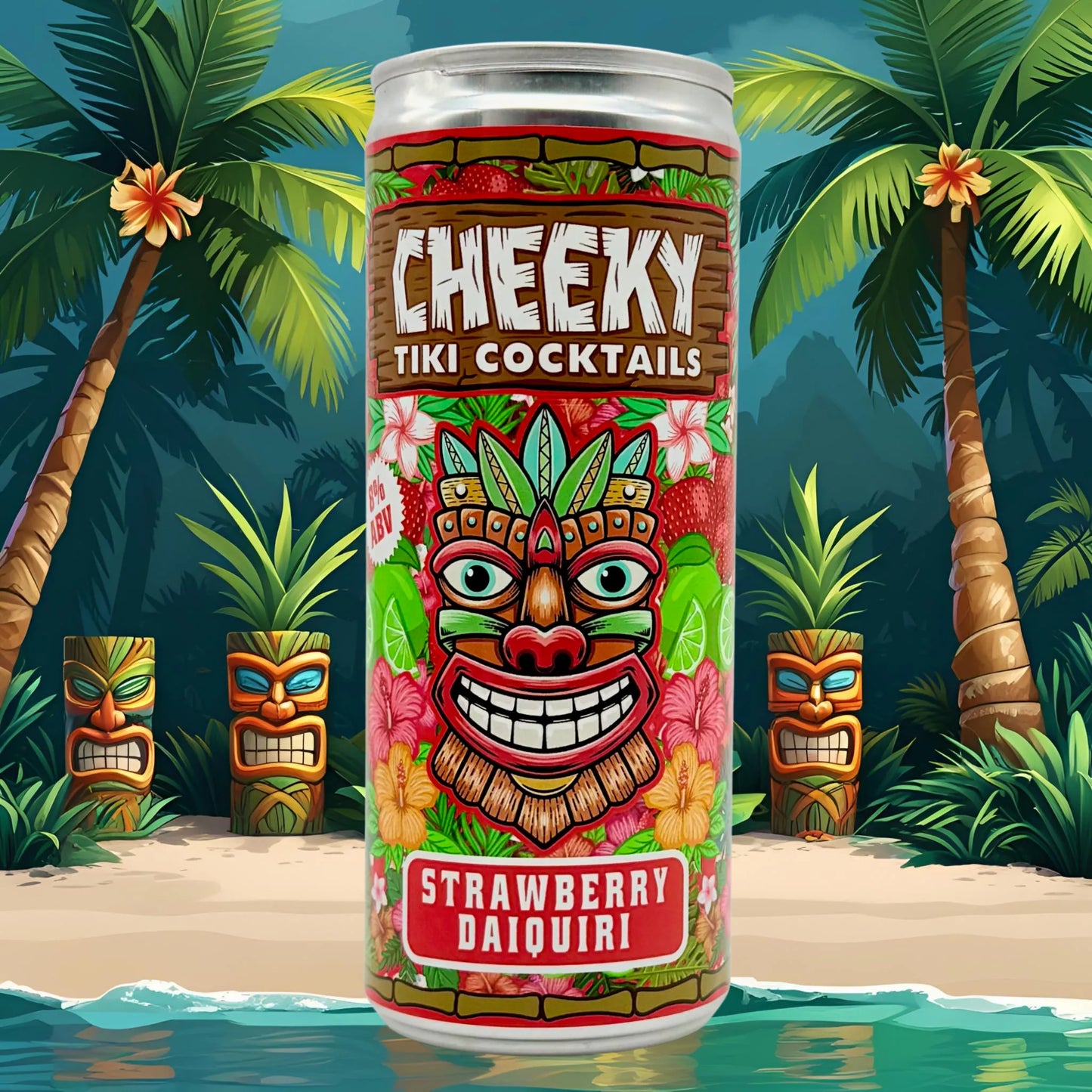 Cheeky Tiki Cocktails Strawberry Daiquiri can with tropical background