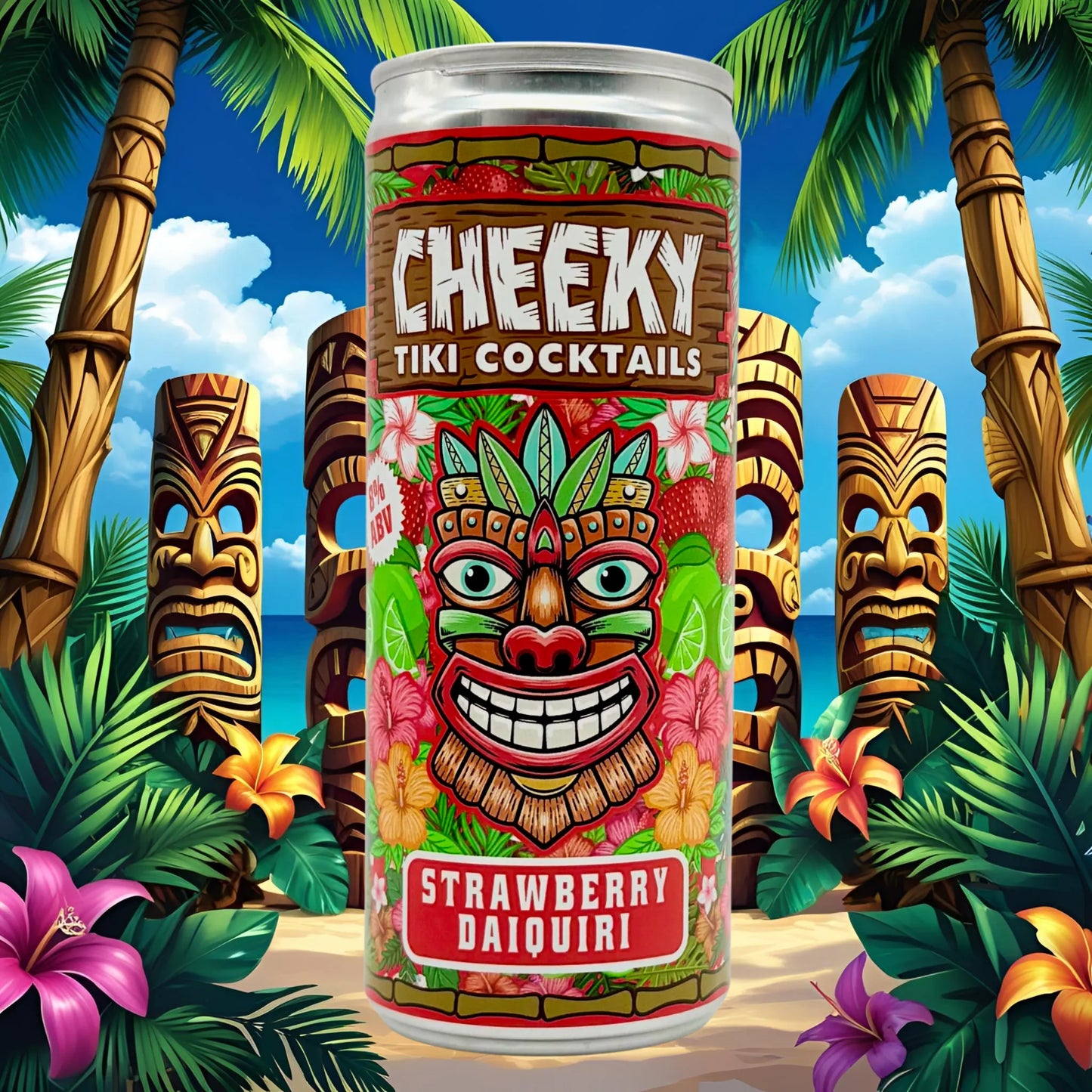 Cheeky Tiki Cocktails Strawberry Daiquiri can with tiki mask design against a tropical background.