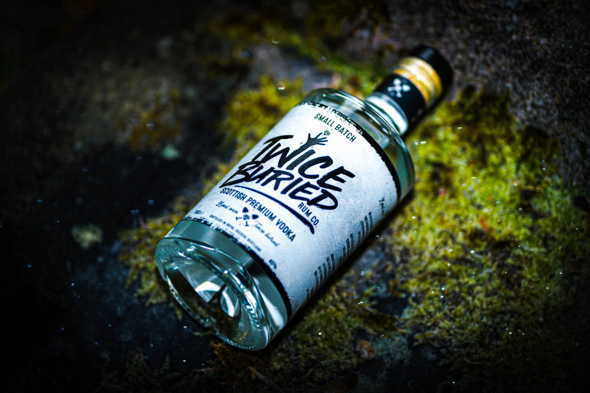 Twice Buried Vodka bottle lying on mossy ground