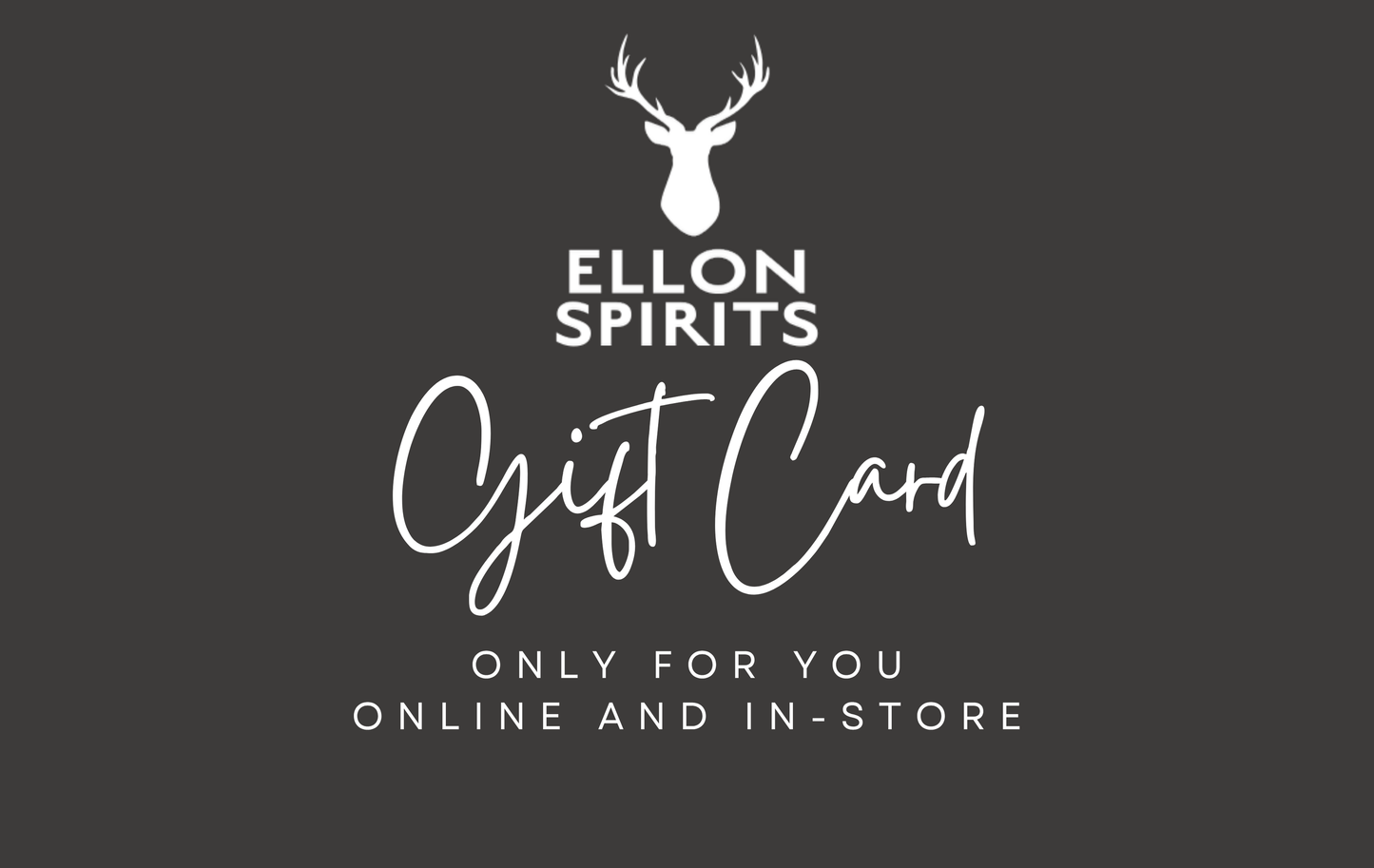Ellon Spirits gift card design with deer head logo on a dark background