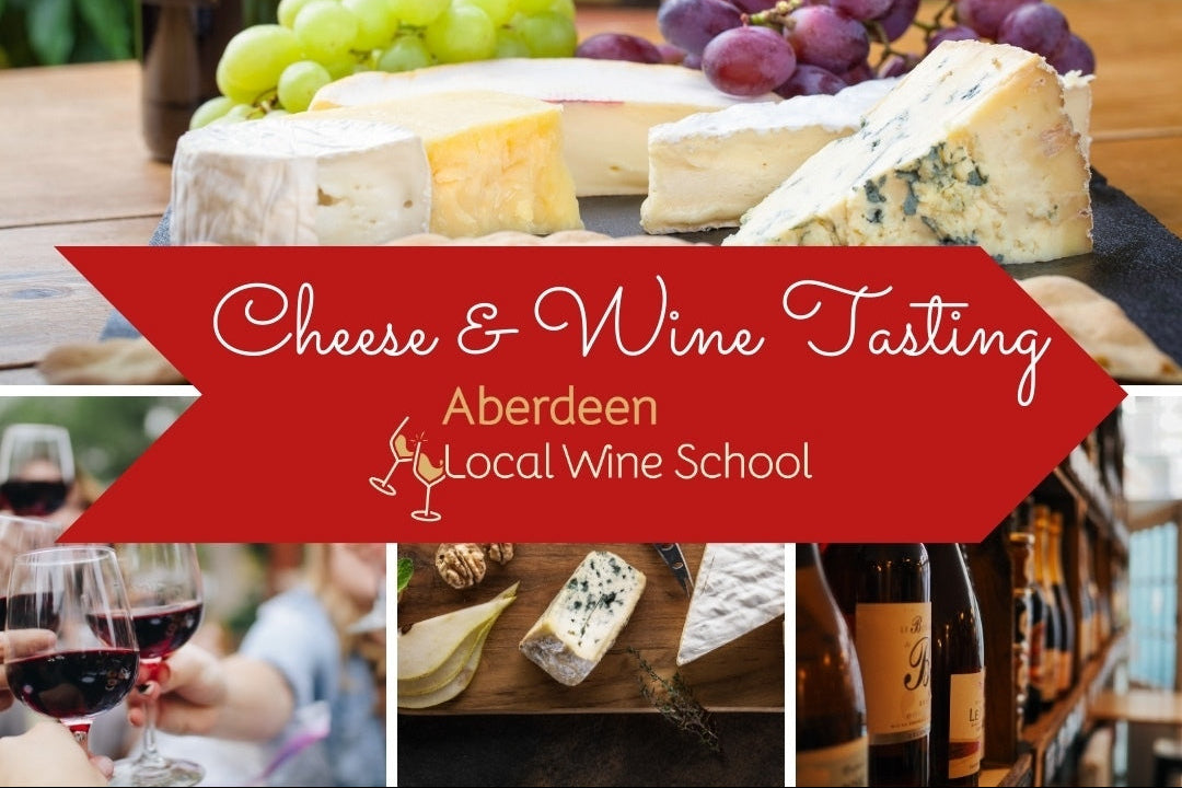 Collage of wine tasting with cheese and grapes, featuring a Local Wine School event in Aberdeen.