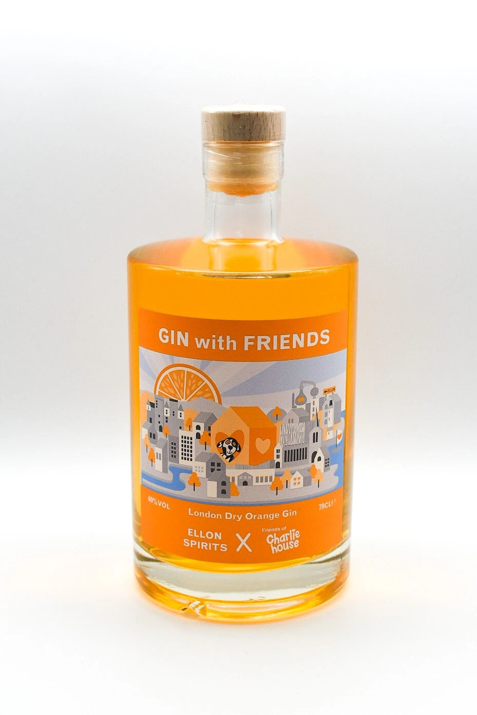 Gin with Friends London Dry Orange Gin by Ellon Spirits and Charlie House collaboration bottle.