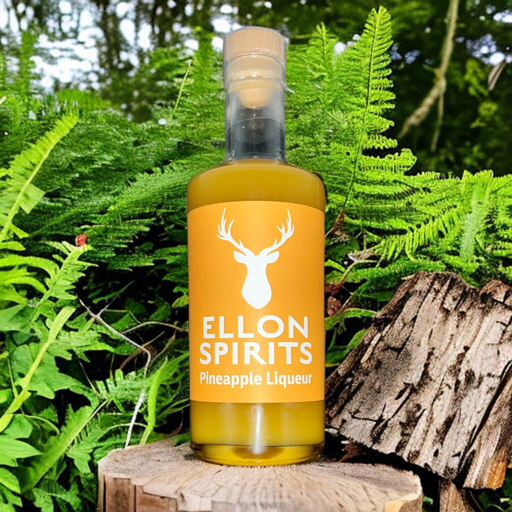 Ellon Spirits Pineapple Liqueur bottle displayed outdoors on a tree stump with green foliage and forest background – premium Scottish liqueur from Ellon, Scotland.