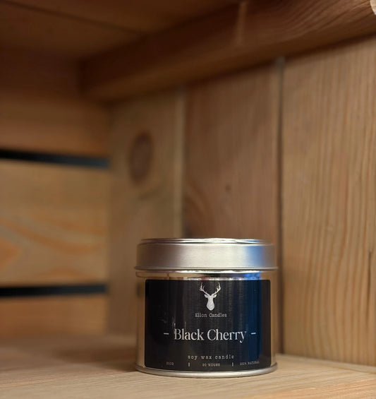 Black Cherry soy wax candle in a silver tin, 200g scented candle with 20 hour burn time by Ellon Candles