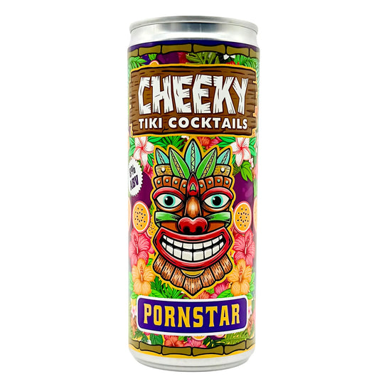 Cheeky Tiki CocktailsPornstar can with colorful design on a white background