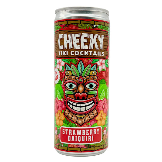 Cheeky Tiki Cocktails Strawberry Daiquiri can with tiki design on a white background