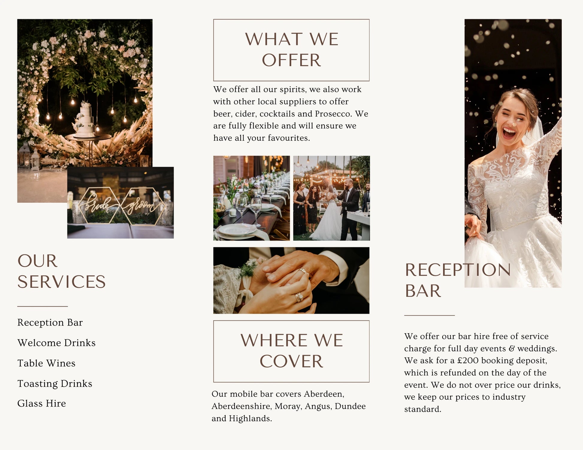 Ellon Spirits wedding drinks packages brochure featuring Platinum, Gold, and Silver bar hire options. Includes Prosecco, wine, beer, and cocktail selections with customisable wedding drink packages. Elegant layout with images of champagne toasts, wedding cakes, and cocktails, promoting premium mobile bar hire for weddings in Scotland.