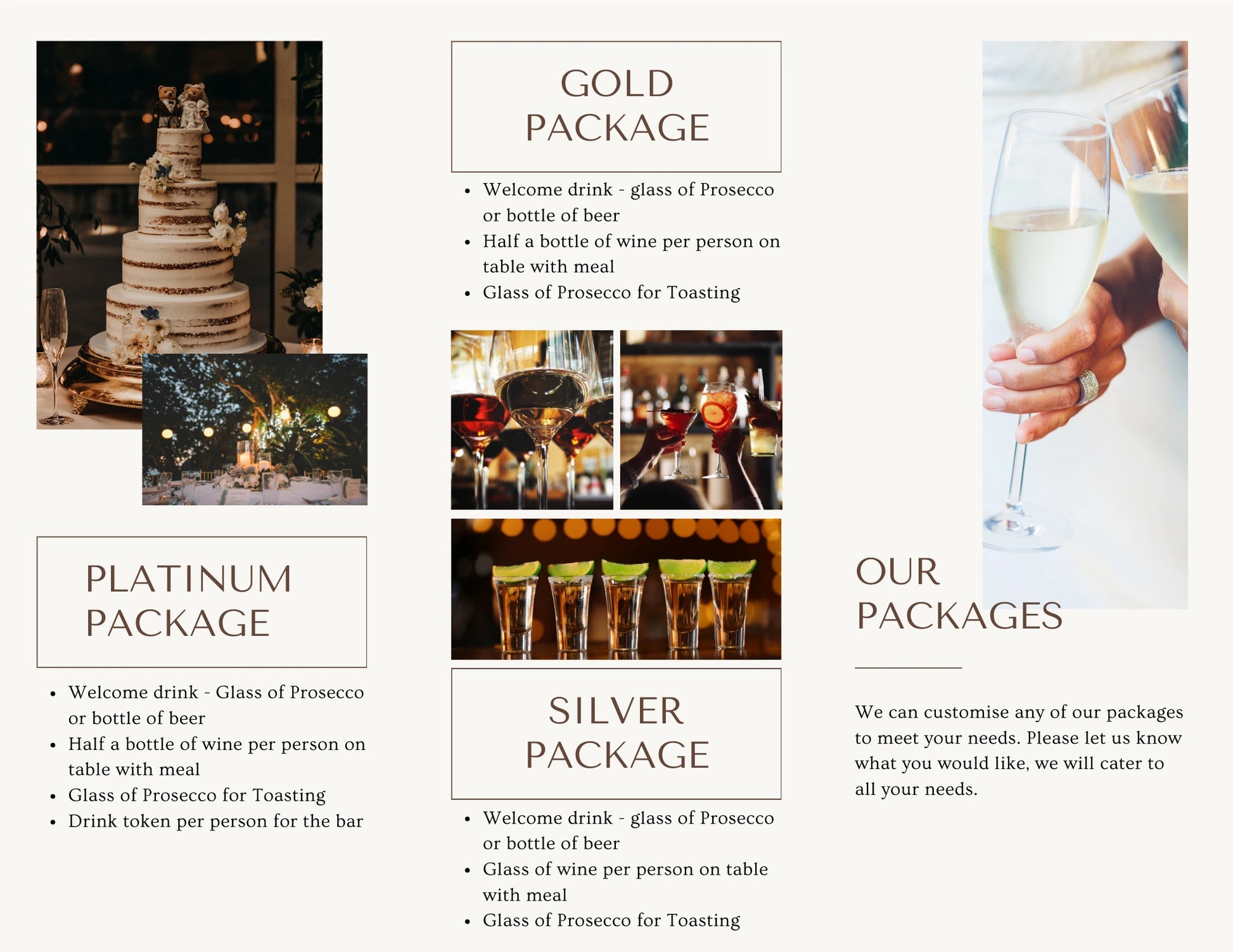 Ellon Spirits wedding drinks packages brochure featuring Platinum, Gold, and Silver bar hire options. Includes Prosecco, wine, beer, and cocktail selections with customisable wedding drink packages. Elegant layout with images of champagne toasts, wedding cakes, and cocktails, promoting premium mobile bar hire for weddings in Scotland.